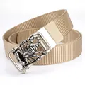 Khakifarbener Nylon-Stoffgürtel mit silberner Automatikschließe und 3D-Skorpion-Relief - Antiksilberschnalle - Khaki