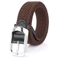 Elastic braided belt for men in dark brown with a polished silver metal pin buckle - Brown