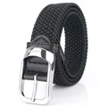 Elastic woven belt for men and women featuring silver pin buckle and black mesh texture - Regular Size / Black
