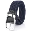 Navy blue woven elastic belt for men with silver metal buckle and black leather detail - Dark Blue