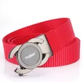 Men's red nylon braided belt with grey automatic metal buckle and greek key pattern - Gunmetal Buckle Red