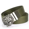 Army green nylon tactical belt with a silver lion head metal buckle for men - Antique Silver Buckle - Army Green