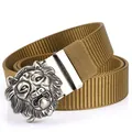Men's khaki nylon tactical belt featuring a metallic lion head embossed buckle design - Antique Silver Buckle - Wolf Brown