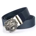 Navy blue nylon tactical belt with a vintage silver 3D lion head metal buckle - Antique Silver Buckle - Royal Blue