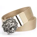 Men's khaki nylon tactical belt featuring a vintage silver lion head buckle - Antique Silver Buckle - Khaki