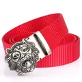 Men's casual red nylon tactical belt with a vintage silver 3D lion head metal buckle - Antique Silver Buckle - Red