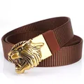 Brown nylon tactical belt with a detailed gold tiger head buckle and relief texture - Bronze Buckle - Coffee