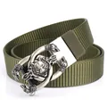Olive green nylon belt featuring a detailed vintage silver wolf head metal buckle - Antique Silver Buckle - Army Green