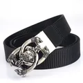 Thickened nylon canvas tactical belt with vintage silver wolf head relief buckle - Antique Silver Buckle - Black