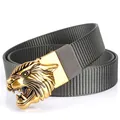 Tactical nylon belt featuring a 3D gold tiger head buckle on gray woven strap - Bronze Buckle - Dark Gray