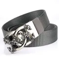 Thickened nylon canvas belt with a vintage wolf head embossed automatic buckle - Antique Silver Buckle - Dark Gray
