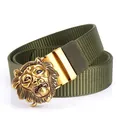 Men's army green nylon tactical belt featuring a vintage gold lion head buckle - Antique Copper Buckle - Army Green