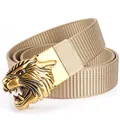 Tactical khaki nylon belt with a detailed golden tiger head buckle on white background - Bronze Buckle - Khaki