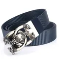 Navy blue nylon canvas belt featuring a vintage silver alloy wolf head buckle - Antique Silver Buckle - Royal Blue