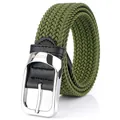 Elastic braided belt for men in olive green with silver pin buckle and leather trim - Regular Size / Army Green