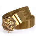Olive green nylon tactical belt featuring a premium golden lion head embossed buckle - Antique Copper Buckle - Wolf Brown