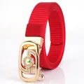 Red thick woven nylon belt for women with golden rhinestone-encrusted buckle - Gold Buckle - Red