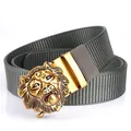 Men's grey nylon canvas tactical belt with gold lion head buckle in variant style - Antique Copper Buckle - Dark Gray