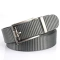 Men's casual nylon belt with grey striped woven strap and automatic alloy buckle - 120cm / Silver Buckle - Dark Gray