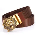 Brown nylon tactical belt for men with a gold lion head automatic metal buckle - Antique Copper Buckle - Coffee