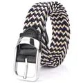 Elastic woven belt for men and women in navy blue and beige blend with silver pin buckle - Navy/Khaki
