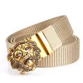 Men's khaki tactical nylon belt featuring a gold metal buckle with an embossed lion head - Antique Copper Buckle - Khaki