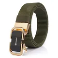 Army green nylon tactical belt with gold alloy automatic buckle and wolf logo - Gold Buckle / Army Green