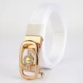 White woven nylon belt for women featuring a gold alloy buckle with sparkling rhinestones - Gold Buckle - White