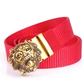 Men's red nylon tactical belt with vintage gold lion head automatic buckle design - Antique Copper Buckle - Red