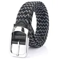 Men's casual woven stretch belt in black and gray fiber with silver pin buckle - Black and Grey