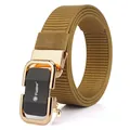 Khaki nylon woven belt for men with golden automatic buckle featuring a black matte finish - Gold Buckle / Coyote Brown