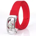 Red thick nylon braided belt for women with rhinestone buckle and crystal center - Silver Buckle - Red