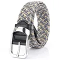 Elastic woven belt in grey and beige tones with a polished silver buckle and leather details - Gray & Khaki