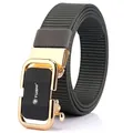 Dark grey nylon tactical belt featuring a gold and black matte alloy automatic buckle - Gold Buckle / Dark Gray