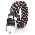 Elastic woven belt in brown, navy, and cream with a silver metal pin buckle - Blue & Brown Khaki