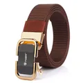 Dark brown nylon woven belt for men with a golden automatic buckle and TUSHI logo - Gold Buckle / Brown