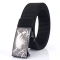 Men's black tactical nylon canvas belt with matte eagle pattern automatic buckle - Black--8 / 120cm
