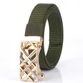 Damengürtel aus gewebtem Nylon in Armeegrün mit goldener Schnalle und Diamanten - Armeegrün / Gold