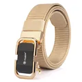 Men's outdoor nylon web belt with automatic alloy buckle in khaki beige color - Gold Buckle / Khaki