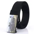 Tactical black nylon web belt with military tank graphic on metal automatic buckle - Black-Tank Pattern