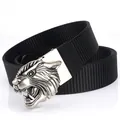 Tactical black nylon belt with a silver 3D tiger head alloy buckle and woven texture - Antique Silver Buckle - Black