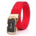 Red nylon canvas belt for men featuring a gold and black alloy automatic buckle - Gold Buckle / Red