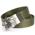 Army green tactical nylon belt featuring a detailed silver tiger head metal buckle - Antique Silver Buckle - Army Green
