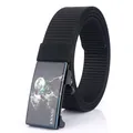 Men's casual black nylon canvas belt with a wolf theme metal automatic buckle design - Black--11 / 120cm