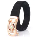 Women's black nylon woven belt featuring a rose gold buckle with crystals and gemstone - Rose Gold Buckle - Black
