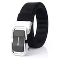 Men's black nylon tactical belt with automatic silver alloy buckle and matte TUSHI logo finish - Pearl Chrome Buckle / Black