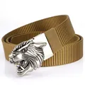 Tactical khaki nylon belt featuring a 3D tiger head embossed zinc alloy buckle - Antique Silver Buckle - Wolf Brown