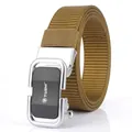 Khaki nylon tactical belt with a silver automatic alloy buckle featuring TUSHI logo - Pearl Chrome Buckle / Coyote Brown