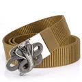 Men's khaki nylon belt with a 3D cobra-shaped silver alloy buckle and no-hole design - Antique Silver Buckle - Wolf Brown / 125cm