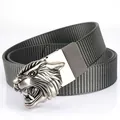 Tactical nylon belt featuring a 3D silver tiger head buckle in dark grey finish - Antique Silver Buckle - Dark Gray